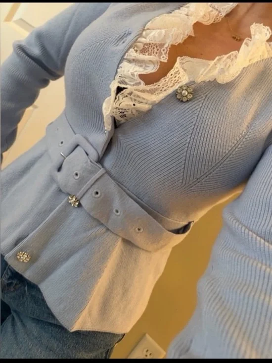 COMMENSE CASHMERE CARDIGAN KNIT LACE SWEATER BELT BLING RHINESTONE BUTTON S - Picture 2 of 11